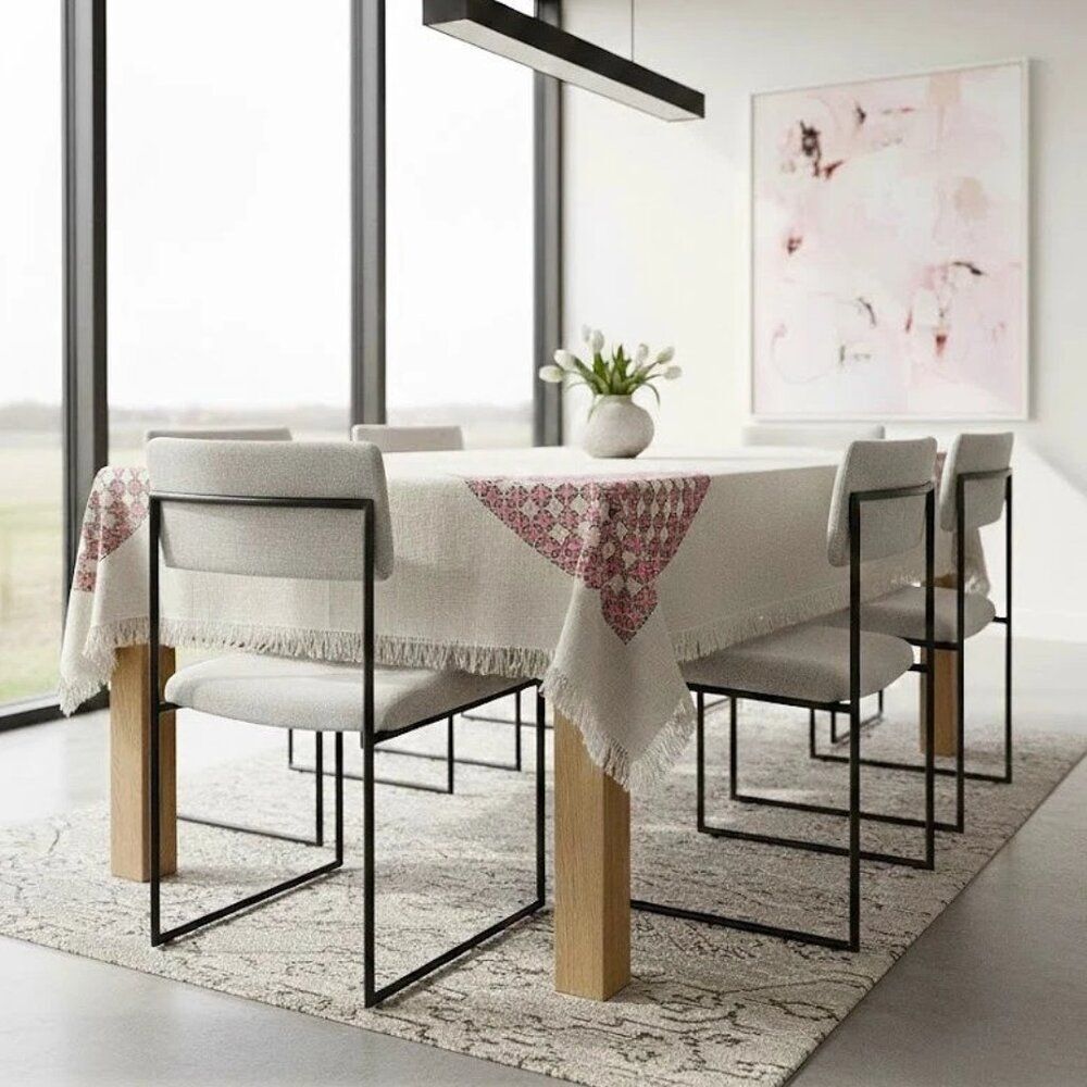 Handmade TableCloth Geometric Embroidery 62 x 85 inches Pink, Black & White